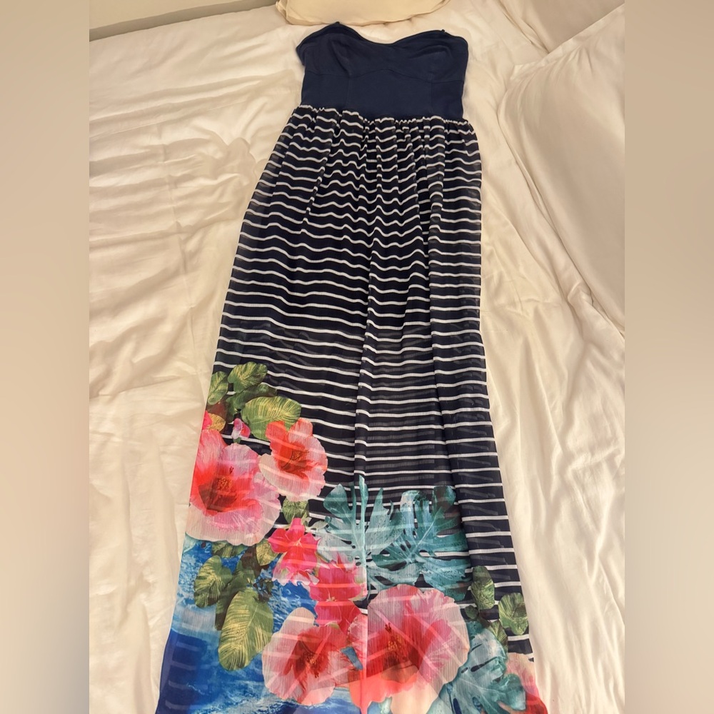 Floral Striped Strapless Maxi Dress